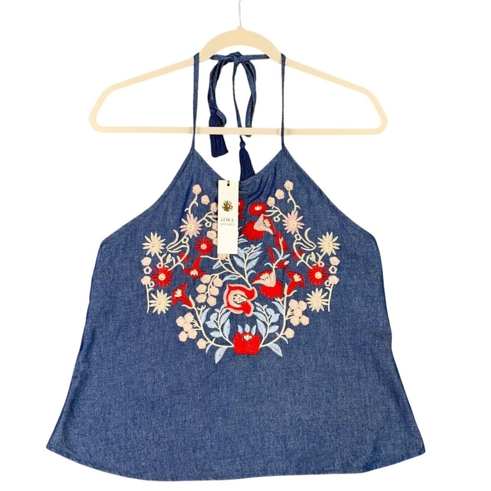HWA Apparel Halter Top Size L Floral Denim Coastal Cowgirl Blouse Festival Fairy